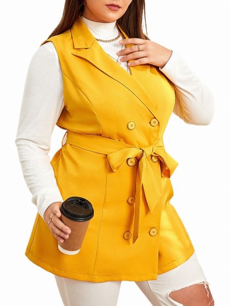 

plus size outerwear & coats plus double breasted belted vest blazer l8ob#, Black