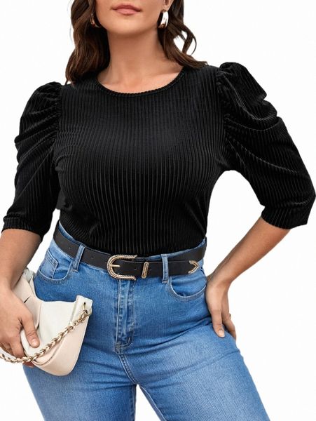 

plus size t-shirt x gabi martins plus puff sleeve velvet tee v2ws#, Black