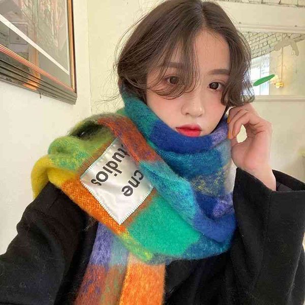 

designer scarf acne sweden studios xinbang new student korean version contrast color rainbow tassel lovers shawl warm bib women's winte, Blue;gray