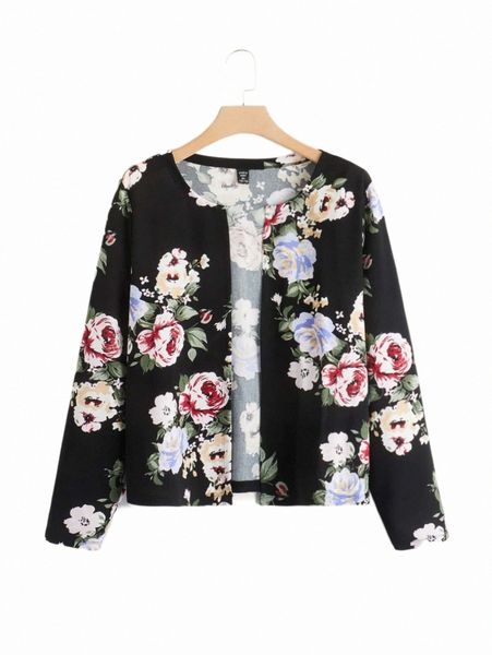 

plus size outerwear & coats plus floral print open front jacket h2hm#, Black