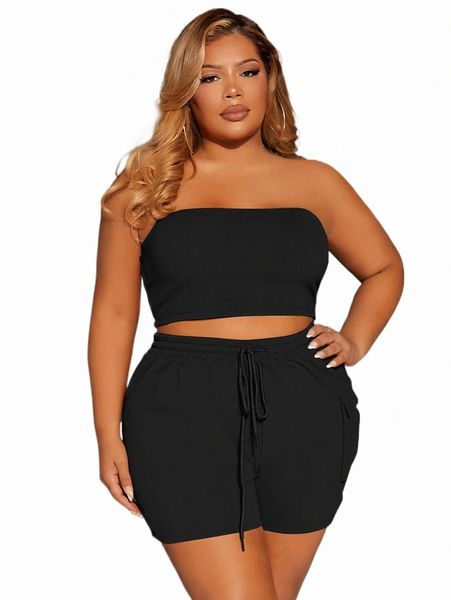 

plus size dresses sxy plus solid crop tube & drawstring waist cargo shorts set w9zi#, Black
