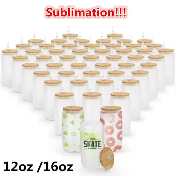 

sublimation tumblers 12oz 16oz 25oz glass can with bamboo lid reusable straw beer can transparent frosted tumbler soda cup wholesale