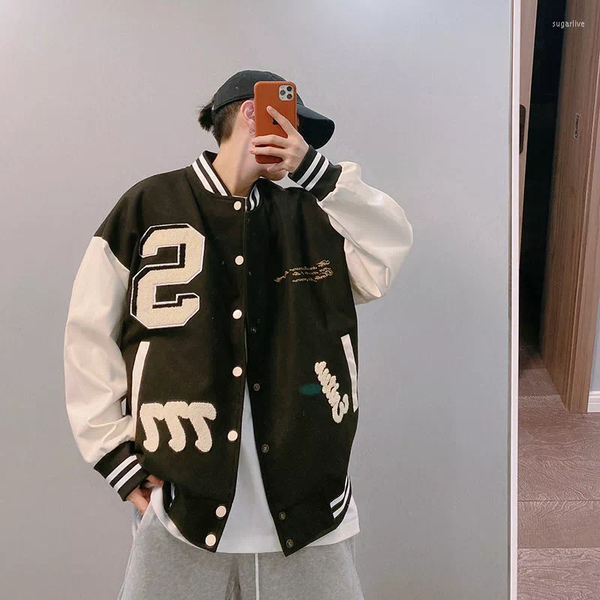 

men's jackets fashion clothing trends streetwear style pu leather stitching embroidery baseball uniform female bomber, Black;brown
