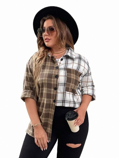 

plus size t-shirt plus plaid print drop shoulder shirt k1pc#, Black