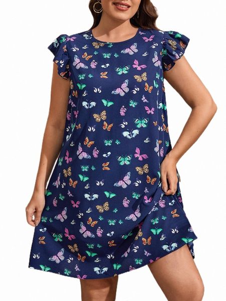 

plus size dresses plus butterfly print butterfly sleeve tunic dress a37d#, Black