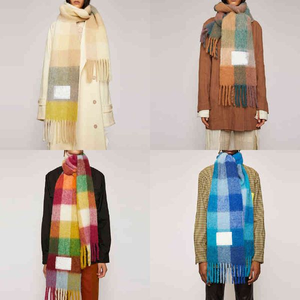 

designer scarf acne sweden studios scarf autumn and winter new mohair color matching plaid fringe neckband women's rainbow thermal, Blue;gray