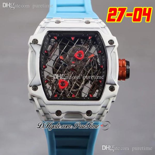 

27-04 tourbillon rafael nadal a21j automatic mens watch 2022 white carbon fiber case tennis racket skeleton dial black crown blue rubber str, Slivery;brown