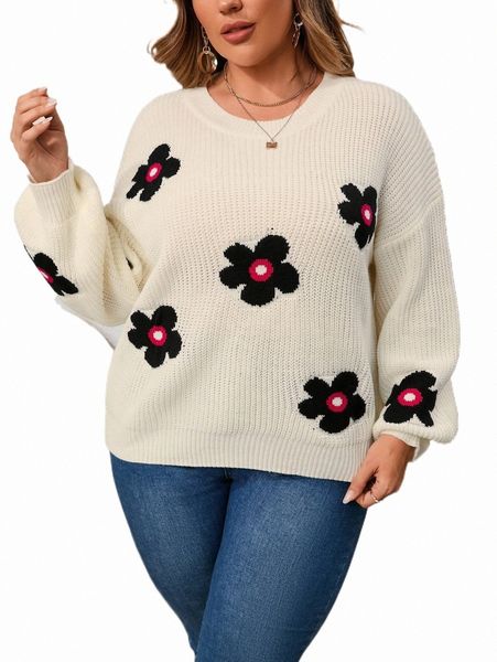 

plus size t-shirt plus floral pattern drop shoulder sweater c4fm#, Black