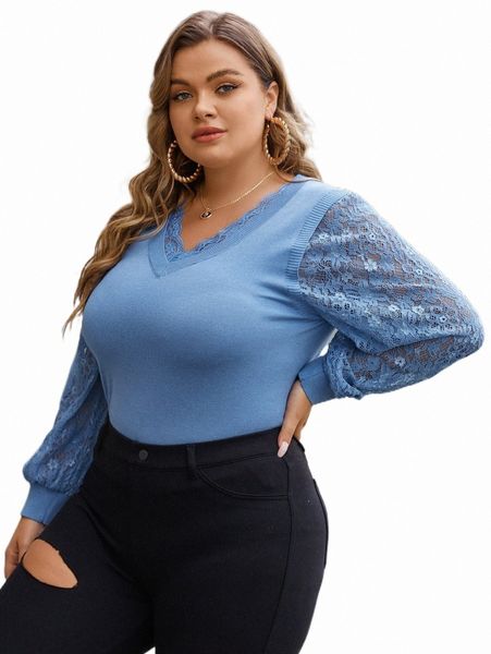 

plus size t-shirt plus lace panel lantern sleeve sweater w6vq#, Black