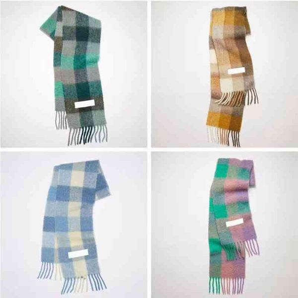 

designer scarf acne sweden studios french ac classic autumn and winter 2022 new cashmere color matching plaid tassel, Blue;gray