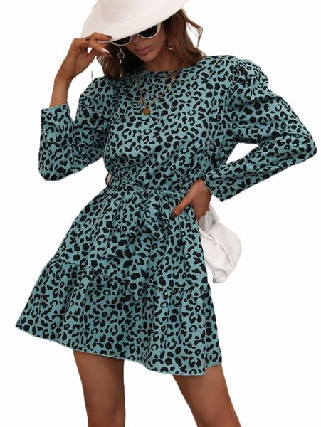 

casual dresses leopard print puff sleeve ruffle hem belted dress j7u8#, Black;gray
