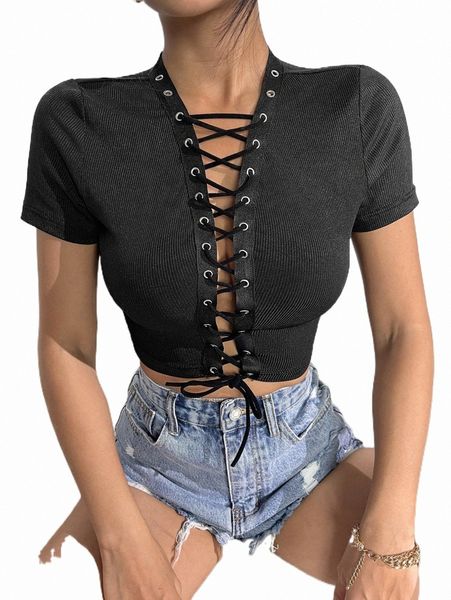 

women's t-shirt grommet eyelet lace up crop tee s0pf#, White