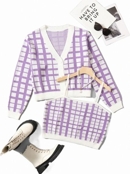 

plus size t-shirt plus plaid pattern cardigan & cami knit g6od#, Black