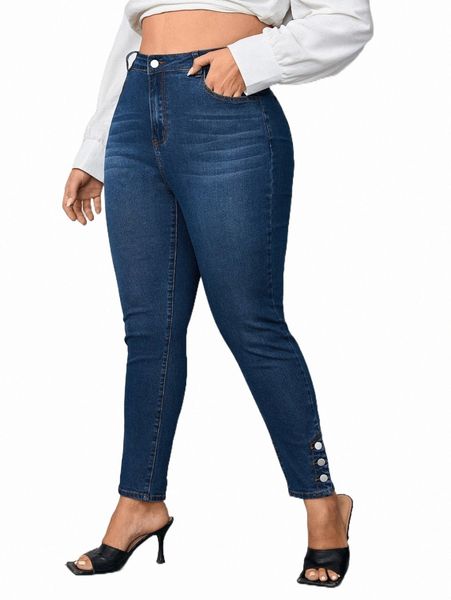 

women's jeans plus high waist moustache effect button hem skinny jeans 86ds#, Blue