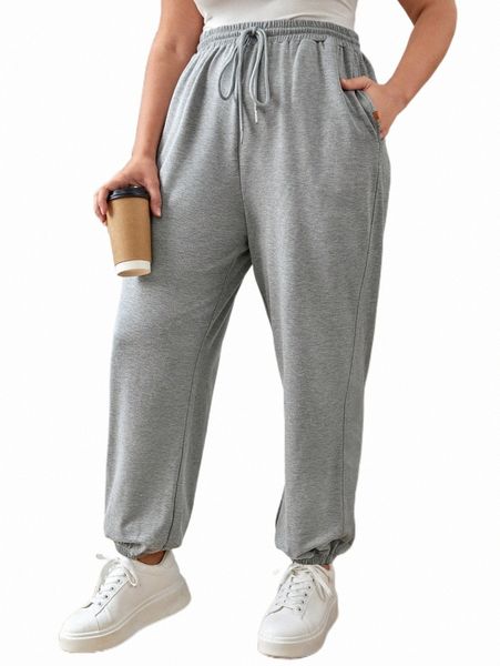 

plus size pants plus drawstring waist slant pocket sweatpants 18sd#, Black