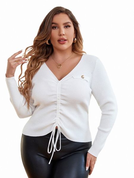 

plus size t-shirt plus ribbed knit drawstring sweater y4l5#, Black