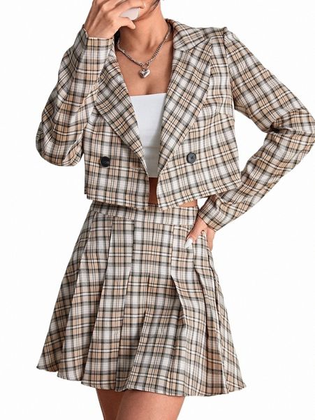 

two piece dress tartan double button blazer & pleated skirt d6ag#, White