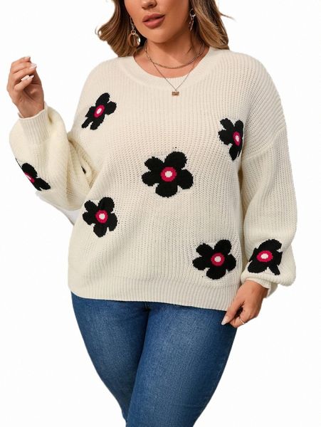 

plus size t-shirt plus floral pattern drop shoulder sweater w9mq#, Black