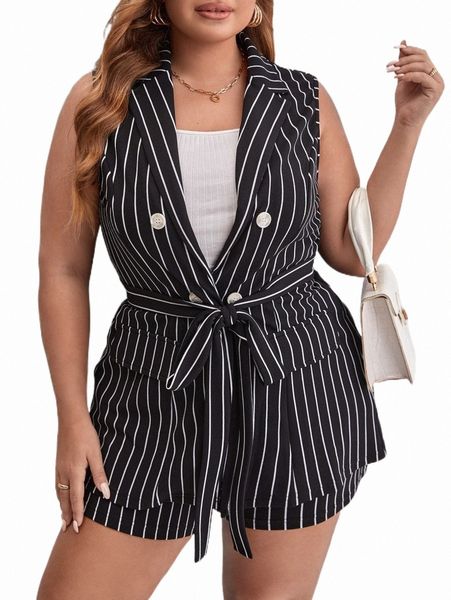 

women's swimwear plus striped double breasted belted blazer & shorts c1jf#, White;black