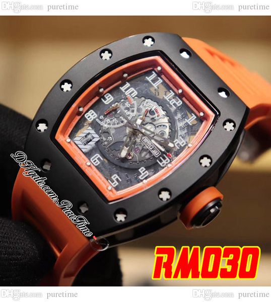 

030 white rush a21j automatic mens watch 2022 black ceramic case skeleton dial white number markers orange rubber strap 3 style puretime c3, Slivery;brown