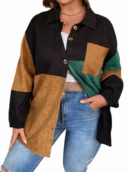 

plus size outerwear & coats plus color block drop shoulder corduroy coat 2183#, Black