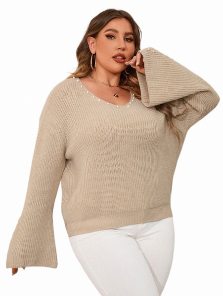 

plus size t-shirt plus pearls beaded drop shoulder sweater s1ub#, Black