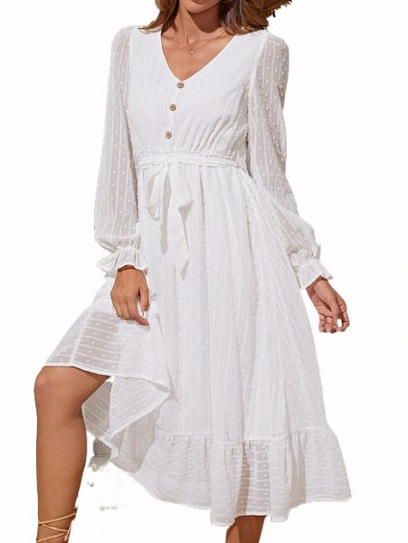 

casual dresses swiss dot flounce sleeve ruffle hem belted dress x7s9#, Black;gray
