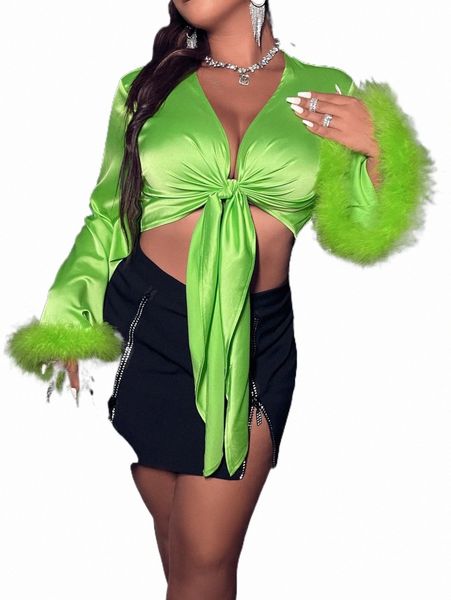 

plus size t-shirt plus fuzzy cuff knot front crop satin k4ez#, Black