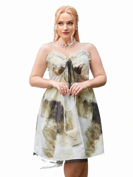 

plus size dresses plus tie dye knot front frill trim lace hem cami dress p7kw#, Black