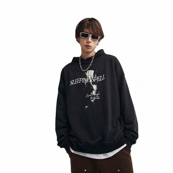 

men's hoodies & sweatshirts men's hoodies & sweatshirts star actual shooting models 2022 fall dark high street tide retro human fa, Black