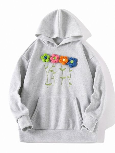

women's hoodies & sweatshirts floral embroidery kangaroo pocket thermal lined hoodie 16td#, Black