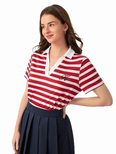 

women's t-shirt striped & letter graphic popover tee w0fl#, White