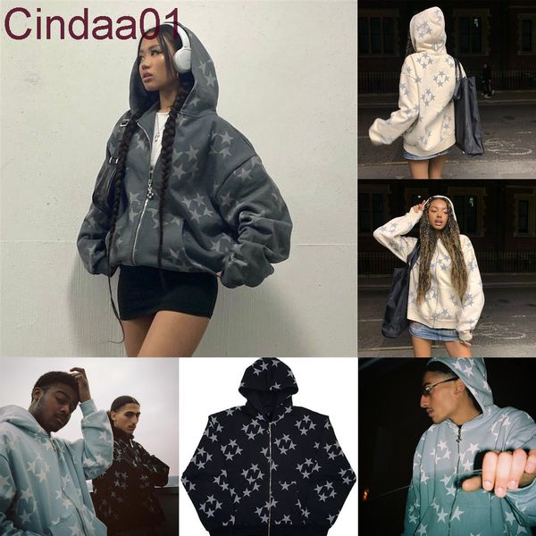 

star print sweater jacket fall winter hooded cardigan zipper loose men's and women's fashion brand coat, Black