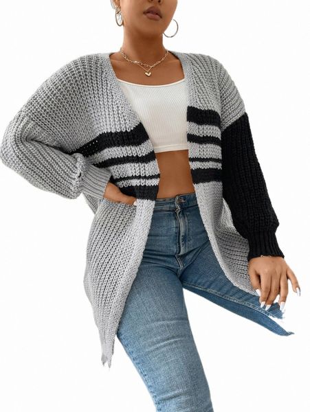 

plus size t-shirt plus striped pattern two tone drop shoulder duster cardigan o7ji#, Black