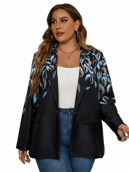 

plus size outerwear & coats plus plant print single button blazer w6il#, Black