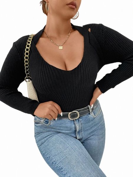 

plus size t-shirt plus scoop neck ribbed knit sweater m3mo#, Black