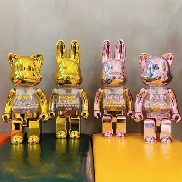 

new violent building block bearbrick cat and rabbit qianqiu 400% pink gold two-color ornaments hand-made blind box gift 28cm228b