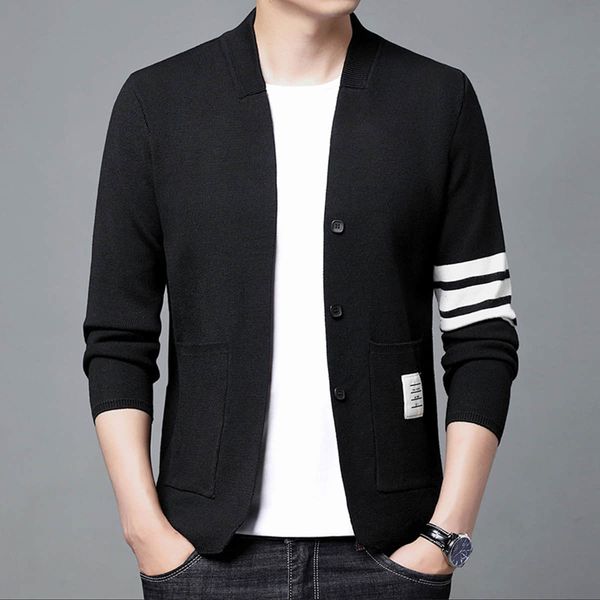 

mens cardigan luxury tb fashion brand thom sweaters boys slim fit v-neck striped cardigans striped casual coat england style, White;black