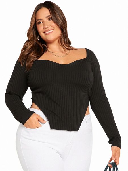 

plus size t-shirt evolu plus sweetheart neck asymmetrical hem tee j5kg#, Black