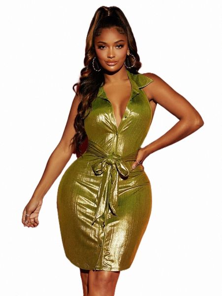 

casual dresses sxy button front belted backless metallic halter dress k1cy#, Black;gray