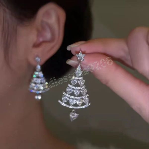 

diamond-inlaid christmas tree advanced dangle earrings for women korean fashion earring daily birthday party jewelry gift, Silver