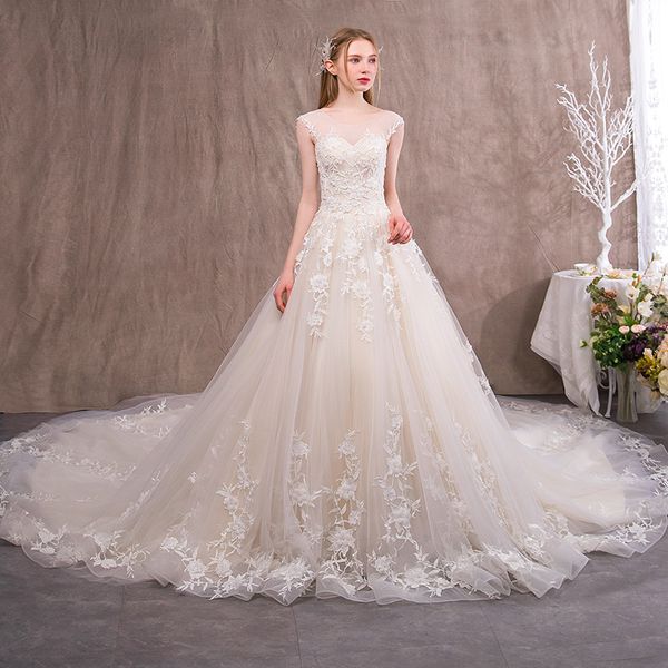 

a line wedding dresses sheer scoop neck sleeveless tulle lace appliques sweep train plus size bridal gowns, White