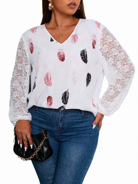 

plus size t-shirt plus contrast lace lantern sleeve blouse n5mm#, Black