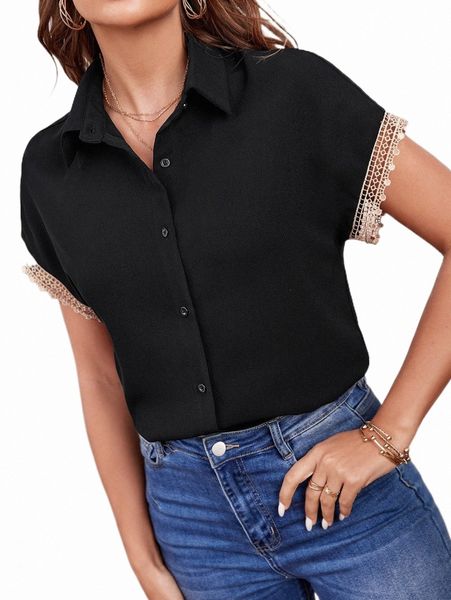 

women's blouses & shirts guipure lace insert button front shirt 20ix#, White