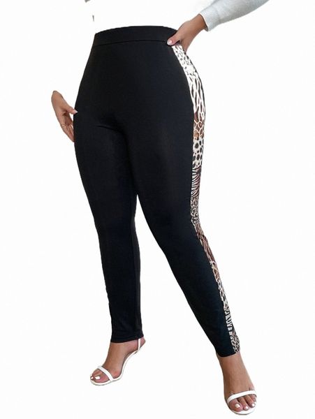 

plus size pants plus mixed animal print contrast sideseam leggings 121h#, Black