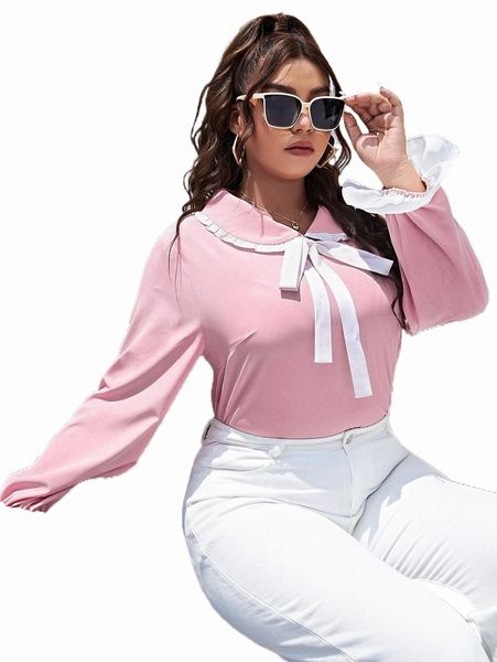 

plus size t-shirt plus tie neck flounce sleeve blouse m729#, Black