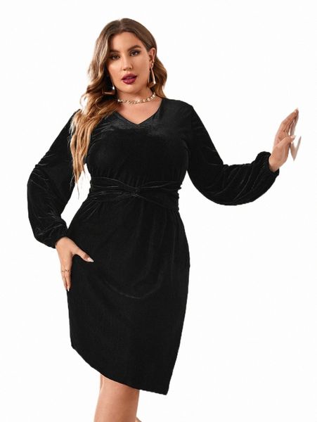 

plus size dresses plus lantern sleeve twist velvet dress p7pq#, Black