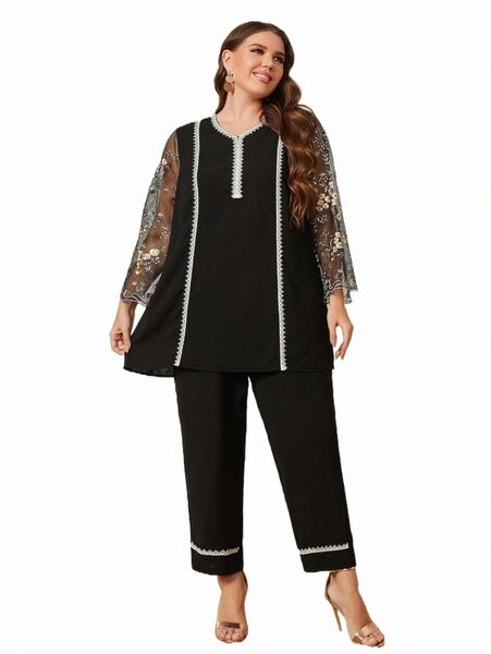 

plus size dresses plus floral embroidery contrast mesh & pants y2s4#, Black