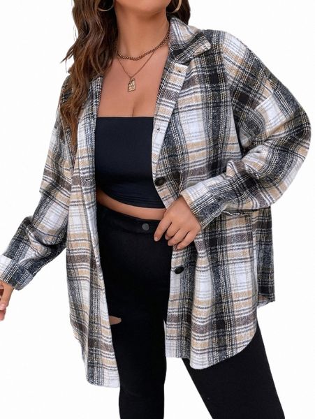 

plus size outerwear & coats plus plaid tweed drop shoulder overcoat f1gs#, Black