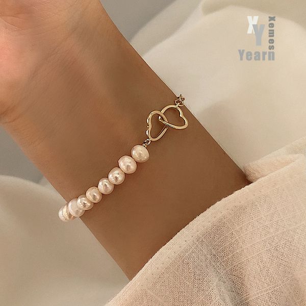

stainless steel hear splicing pearl bracelets for woman in 2021 korean fashion jewelry elegant simple accessories girls bracelet, Golden;silver